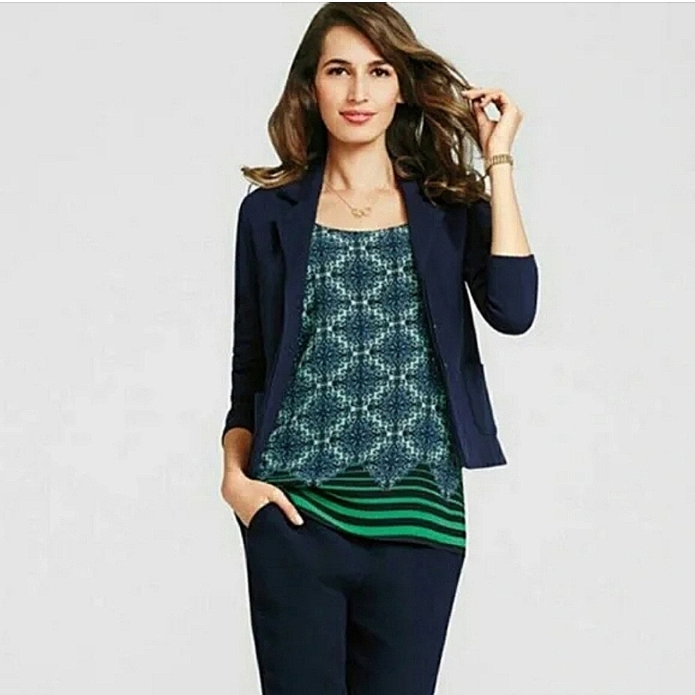 Cabi medium navy damask print green stripe spaghetti strap blouse
